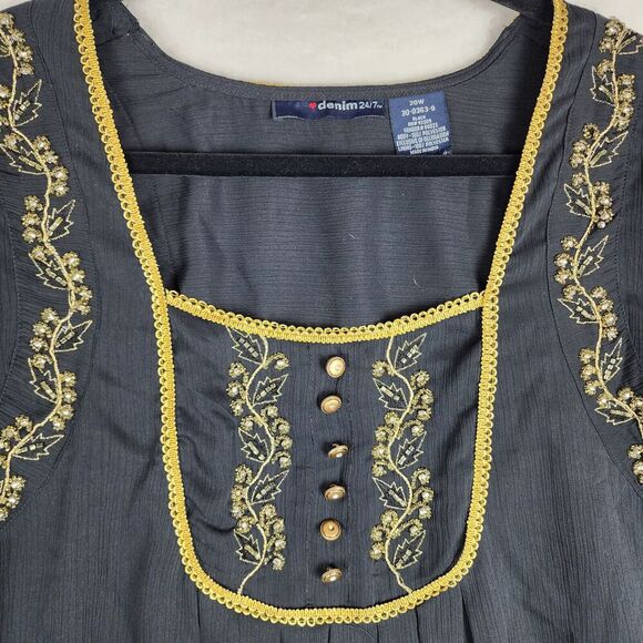 Denim 24/7 Women's Blac & Gold Floral Embroidered Boho Top Blouse Size 20 - Picture 3 of 9